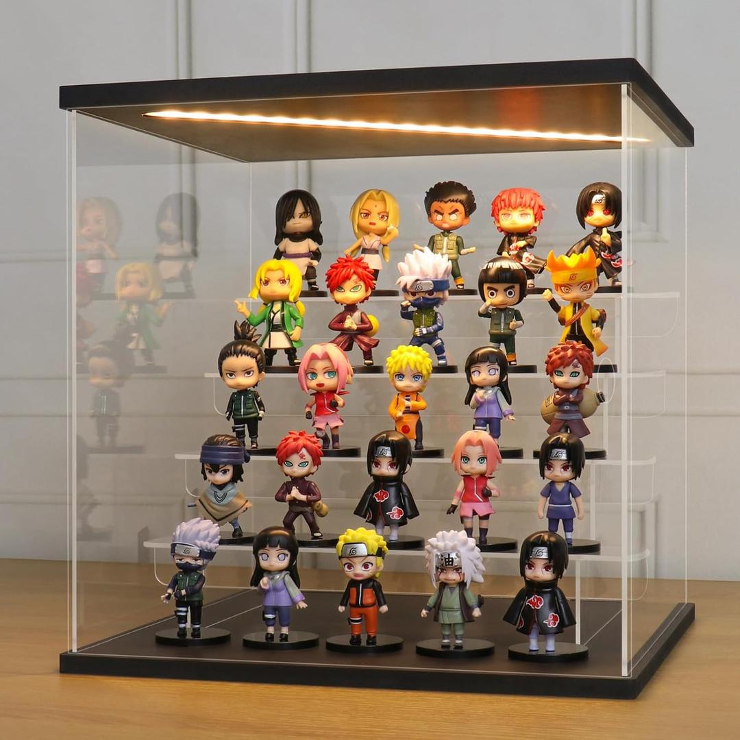 LANSCOERY LED Lighted Acrylic Display Case, 5 Tier Display Box for Collectibles and Action Figures, Clear Dustproof Organizer with Black Base  11.8x11x11.8inch