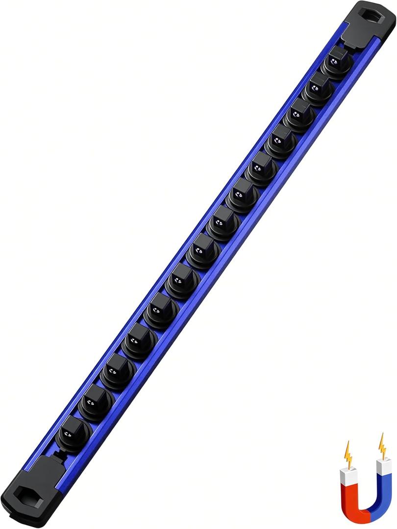ALOANES 3/ 8-Inch Drive Magnetic Socket Organizer, Heavy Duty Aluminum Socket Rail Organizer, 360° Swivel Clips Socket Holder Kit for Tool Box, 3/ 8-Inch Socket Holder x 14 Clips (Blue)