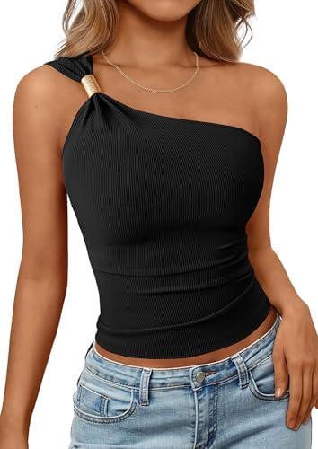 PRETTYGARDEN One Shoulder Going Out Tops for Women Trendy 2026 Summer Y2K Clothes Sleeveless Fitted Spring Fashion Shirts Black, Large