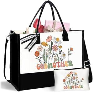 DHQH Godmother Proposal Gifts, Birthday Gift for Women Tote Bag and Makeup Bag Set, Godmother Christmas Gifts from Godchild Goddaughter Godson