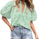 BETTE BOUTIK Women's Long Short Sleeve Tops 2025 Dressy Casual Button Hollow Out Lace Embroidered Blouses Shirts (S)