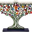 Yair Emanuel Tree of Life Large Hanukkah Menorah for Tea Light Candles - 19.7" - Laser Cut Metal with Hand-Painted Birds and Flowers Judaica Gift