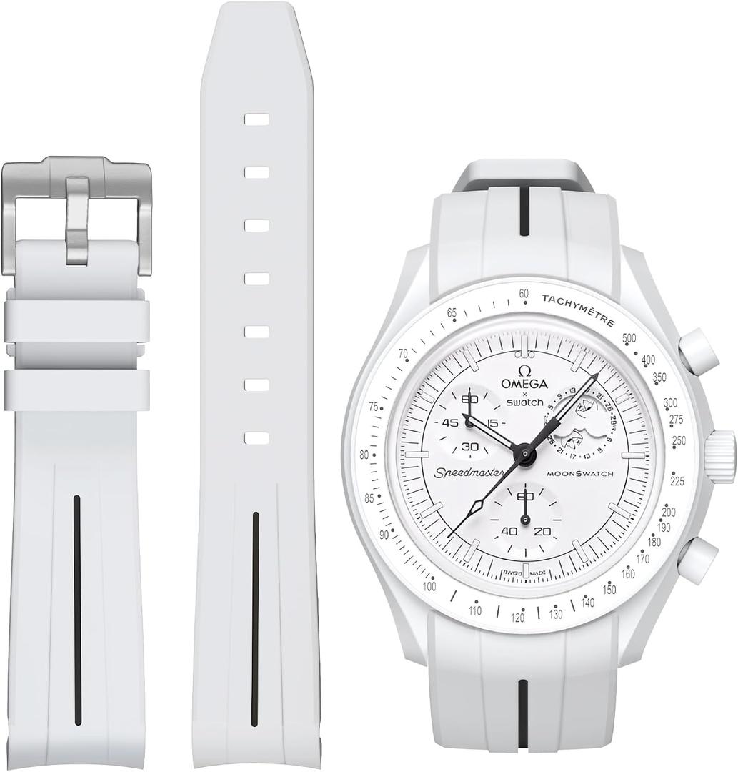 Bands for Moonswatch Watch,Curved No Gap Rubber Strap Compatible with Omega X Swatch Moonswatch Speedmaster/Rolex/SEIKO 20mm Watch,Swatch Omega Moonswatch Speedmaster Watch Replacement Band Men Women (White black line)
