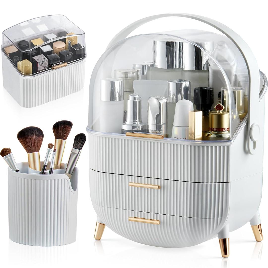CANITORON Makeup Organizer,Skincare Organizer with 2 Drawers and Brush Storage Box,Lipstick Holder,Cosmetic Display Case for Vanity Organizer and Bathroom Countertop Storage.(White)