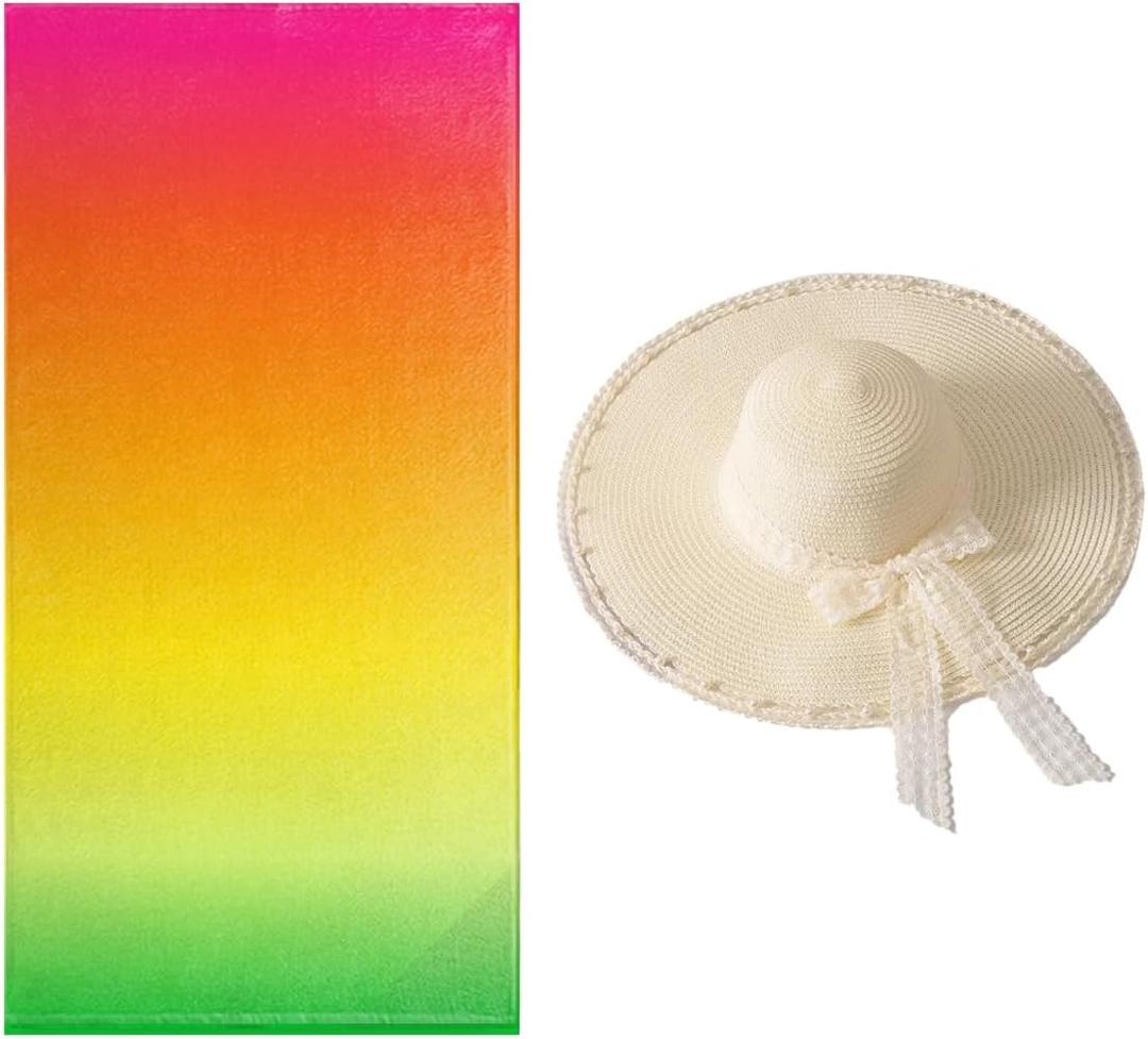 IAXIC Microfiber Beach Towel Oversized and Sun Hats Set in Large Big Pool Towels Camping Swim Clearance Soft Towels Travel Essentials Accessories Rainbow Quick Dry for Woman Man Friend Family (Winbow)