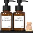 Amber Glass Soap Dispensers, 2 Pack Hand Soap Dispensers Set with Stainless Steel Pump Non-Slip Silicone Tray Bamboo, Dish Brush, 16 Waterproof Labels, for Kitchen Home - Amber/ 13.5 oz