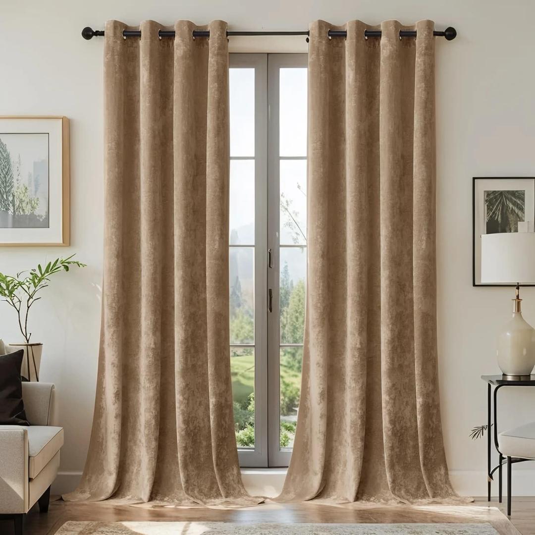 SMILETIME Amber Beige Crushed Velvet Grommet Curtains 52x96 inch Luxurious Thermal Insulated Soundproof Drapes for Living Room Office Soft and Durable LightFiltering Window Treatments, 2 Panels