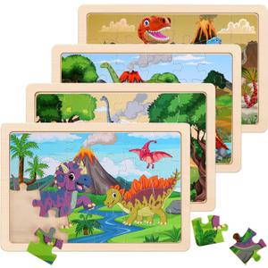 Wooden Puzzles Dinosaur Toys for Kids Ages 3-5, Set of 4 Packs with 20-Piece Wood Jigsaw Puzzles, Preschool Educational Brain Teaser Boards for Boys and Girls 3 4 5 6 Years Old