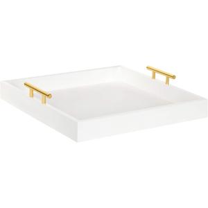 Kate and Laurel Lipton Square Decorative Wood Tray with Metal Handles, 16" x 16", White and Gold, Modern Serving Tray for Storage Or Display
