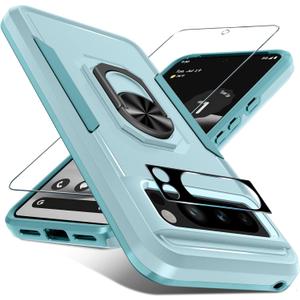 Janmitta for Google Pixel 8 Pro Case with Screen Protector+Camera Lens Protector,Heavy Duty Shockproof Full Body Phone Cover Built in Metal Ring Holder Kickstand,2023 Mint Green