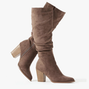 Putu Women's Pointed Toe Knee High Boots Faux Suede Slouch Boots with Chunky Heel 11