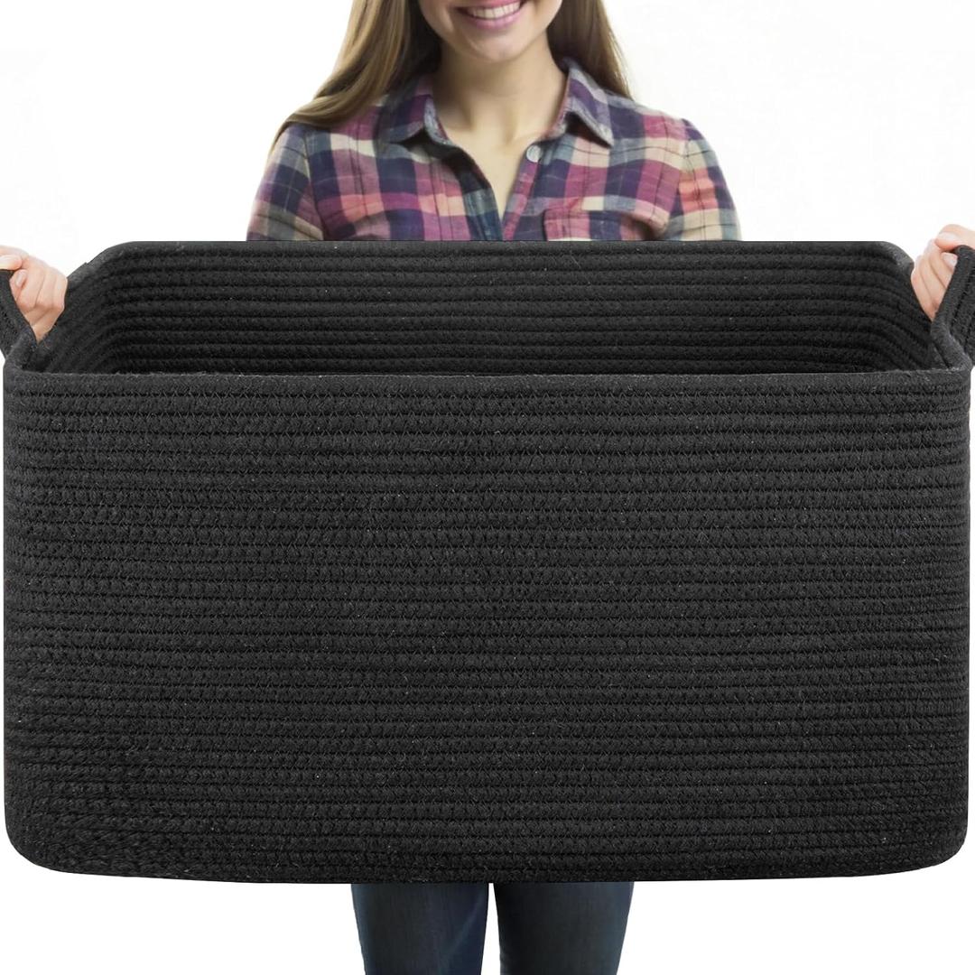 70L Large Blanket Basket, 21.6" x 16.9" x 11.8" Woven Storage Basket for Living Room, Nursery Blanket Storage for Toys, Towels, Dirty Clothes (Black)