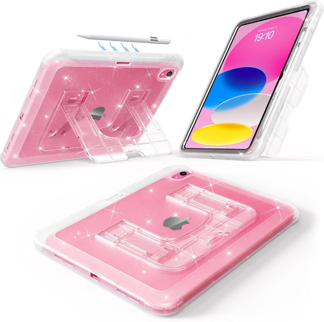CCMAO Case for iPad A16 11th Generation, iPad Case 10th Generation, Sparkly Glitter Transparent Back, Larger Kickstand, Pencil Holder, Drop-Proof Protective Cover for iPad 11/10, Clear Glitter (Translucent Color)