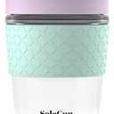Reusable Strengthened Glass Travel Cup - Spill Proof Coffee Mug - 12oz/340ml BPA-Free Hot Drink Travel Mug with Lid & Silicone Band (Ice Cream, 12oz)