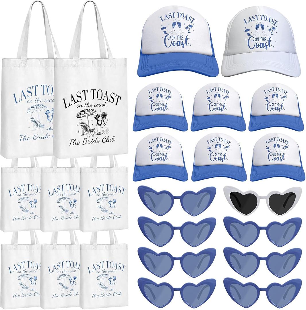 24 Pcs Last Toast on The Coast Bachelorette Party Gifts Include 8 Bridesmaid Tote Bags 8 Baseball Caps 8 Heart-shaped Sunglasses for Bachelorette Bridesmaid Bridal Shower Gift Wedding Party Gifts, Medium