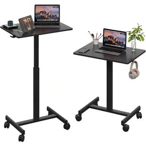 18.9 * 25.6 inch Mobile Standing Desk,T Shaped Pneumatic Adjustable Height Stand Up Desk,with Lockable Wheels,Ergonomic Standing Side Table for Home Office Work Computer Workstation Black+Gray