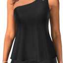 Women Tankini with Shorts - Two Piece Bathing Suits One Shoulder Tummy Control Swimsuit 2025 Flowy Swimwear (X-Large, Black)