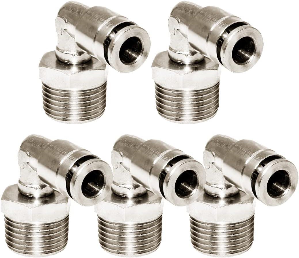 Beduan Brass BPL Push to Connect Air Fittings Elbow 1/4" Tube OD x 3/8" NPT Male 90 Degree Adapter (Pack of 5)