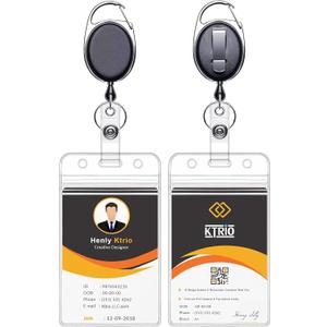 KTRIO ID Badge Holders with Metal Clip and Keyring - Vertical Clear Plastic ID Card Holders (2.5" x 3.4") - Retractable 24" Pull Cord for Office, School, 2 Pack