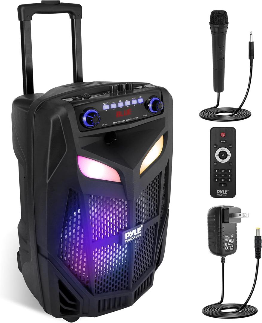 Pyle Portable Bluetooth PA Speaker System-800W 12 Indoor/Outdoor Bluetooth Speaker Portable PA System-Party Lights, USB SD Card Reader,FM Radio, Rolling Wheels-Wireless microphone,Remote- PPHP121WMB