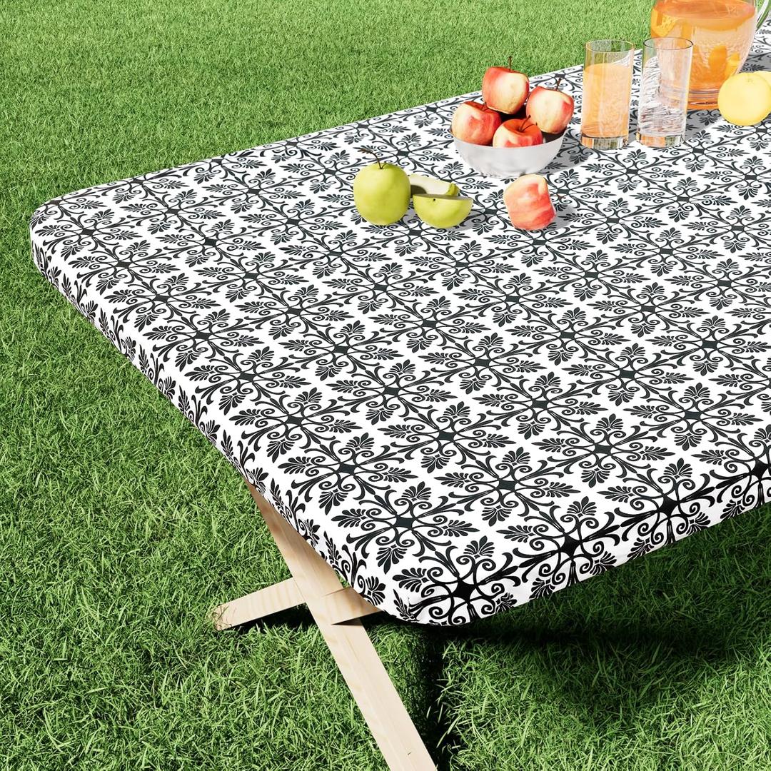 misaya Rectangle Vinyl Table Cloth, Elastic Fitted Flannel Backed Tablecloth, 100% Waterproof Plastic Table Cover Fits 8 Foot Folding Tables for Picnic, Camping, Outdoor (Black, 30" x 96")