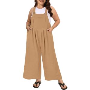 RITERA Plus Size Romper For Curvy Women Sleeveless Jumpsuits Loose Adjustable Strap Long Wide Leg Pant Pocket Casual XL-5XL (Beige, XXXL)