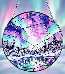 Stained Glass Window Hanging Suncatchers with Aurora Borealis 12.6", Winter Landscape Glass Panel with Metal Chain for Home Decor Gift for Women Mother's Day, Birthday, Men, and Mom