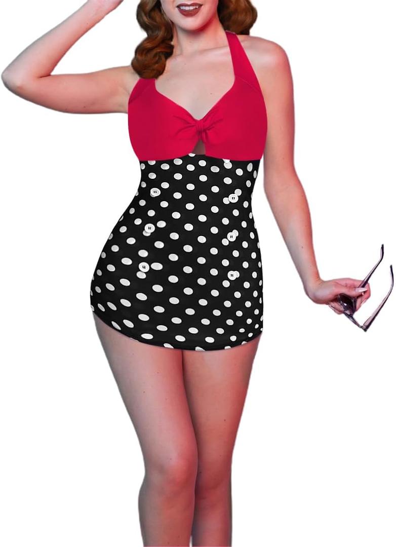 Ekouaer Womens One Piece Swimsuits Vintage Striped Skirt Bathing Suit Vintage Retro Push Up Swimwear (Large, Black Polka Dot2)