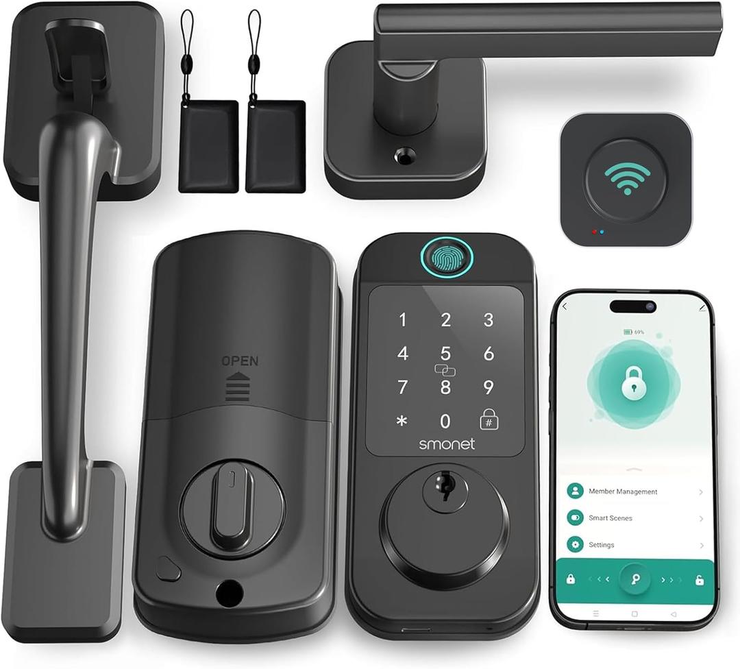 Keyless Entry Door Lock Deadbolt with Handle Set - SMONET Fingerprint WiFi Smart Deadbolt, Digital Remote Control Keypad Bluetooth Alexa Lockset with Auto Lock Code Fob App Black