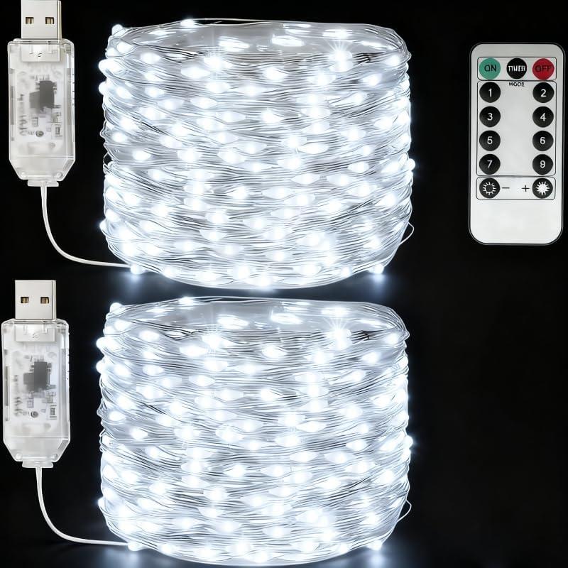 USB Fairy Lights Plug in, 33 Feet 100 LED Twinkle String Lights with Remote and Timer, Waterproof 8 Modes for Bedroom Indoor Wreath DIY Party Wedding Christmas Holiday Decoration(2 Pack White)