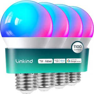Linkind Smart Light Bulbs, A19 Smart Bulb - 1100LM(75W Equivalent), Compatible with Alexa & Google Home, E26 RGBTW Color Changing Bulbs with Music Sync, 2.4GHz Wi-Fi & Bluetooth, 11W, 4Pack