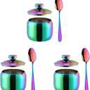 3-Piece Seasoning Box with Spoon and Lid 304 Stainless Steel Condiment Canisters Pots Seasoning Jars for Spice Salt Sugar-Rainbow