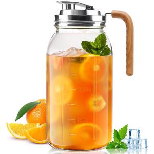 Glass Pitcher With Lid,304 Stainless Steel Lid,2 Seal Ring,64 oz(2 Quart/1.8 Liter),Mason Jar Cold Brew Water Iced Tea Brewing Breast Milk Pitcher,Sun Tea Glass Jar For Outside,Pitchers For Drinks (Brown)