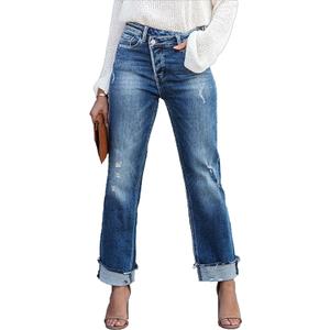 Womens Denim Cargo Pants Flap Pocket High Waisted Stretchy Straight Wide Leg Jeans, M
