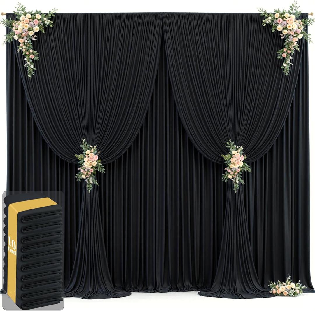 50ft x 12ft Black Backdrop Curtains Wrinkle Free Backdrop Curtain for Wedding Parties Black Fabric Backdrops Drapes Back Drop Cloth Bridal Shower Stage Curtains Wedding Decorations for Reception (50FTx12FT (W5'xH12', 10 Panels))