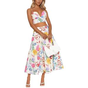 THLAI Women Maxi Skirt Sets Floral Print V-Neck Cami Top and Flowy Pleated Maxi Skirt Set Summer Vacation Outfits