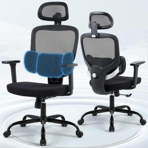 Ergonomic Office Desk Chair, High Back Breathable Mesh Computer Chair, 3D Lumbar Support, 2D Headrest & 3D Armrests, 300lbs Heavy Duty Task Chair for Home Office Work Gaming, Black, 20 inches x 10 inches x 20 inches