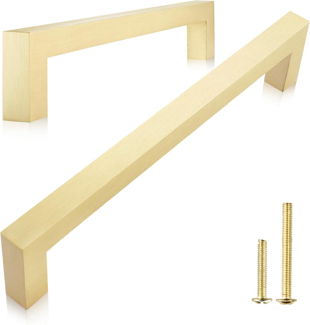 QOGRISUN 2-Pack Solid Brass Cabinet Pulls, Gold Square Drawer Handles, 5-inch Hole Center Kitchen Hardware for Dresser, Cupboard, Brushed Brass Finish
