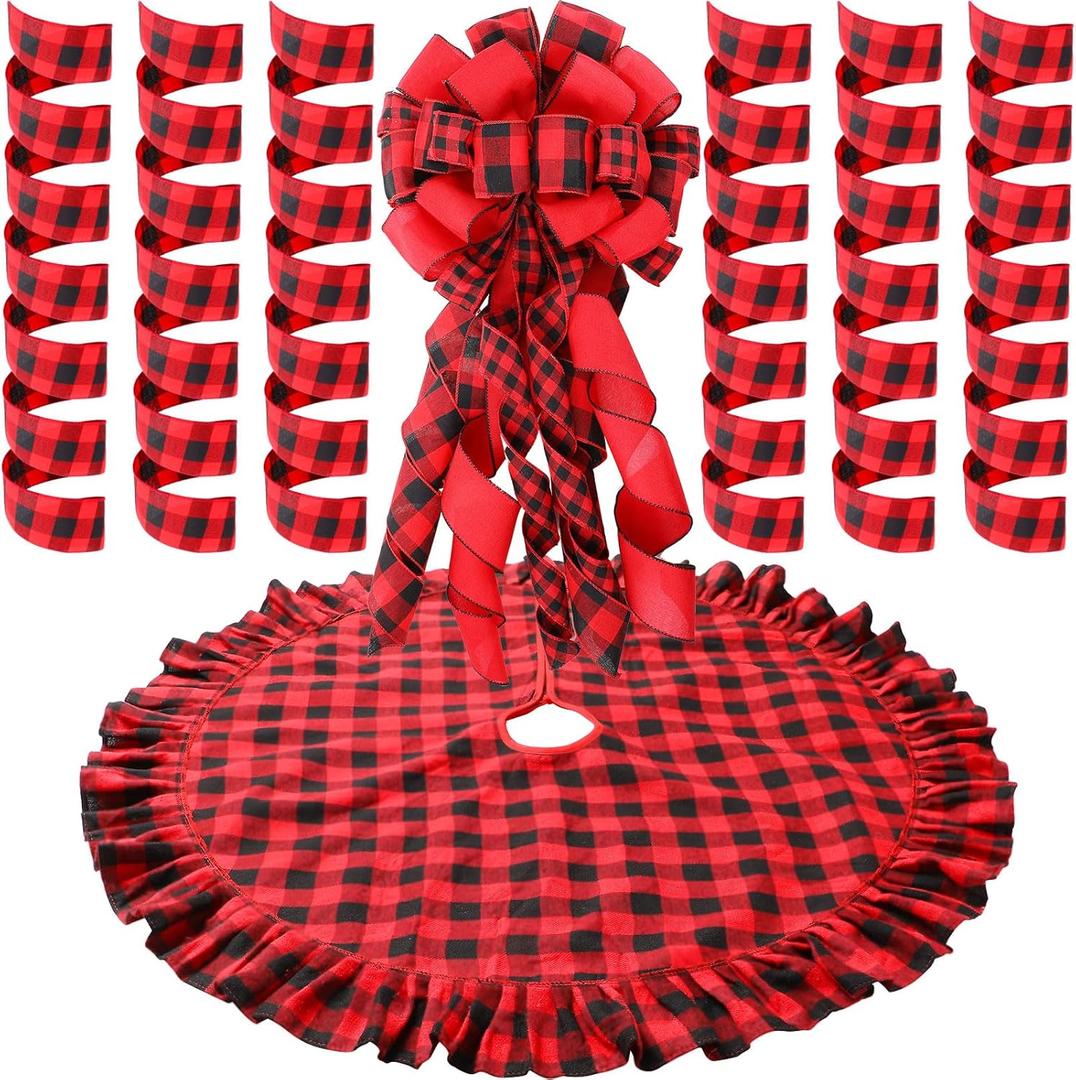 Syhood Christmas Tree Topper Bow Buffalo Plaid Christmas Tree Topper Large Christma Decoration with Bows Ribbon Xmas Plaid Skirt Ornament(Red and Black)