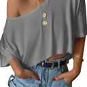 SOFIA'S CHOICE Women's Off Shoulder Crop Tops Loose Boat Neck Short Sleeve T Shirt Grey- (XXXL)
