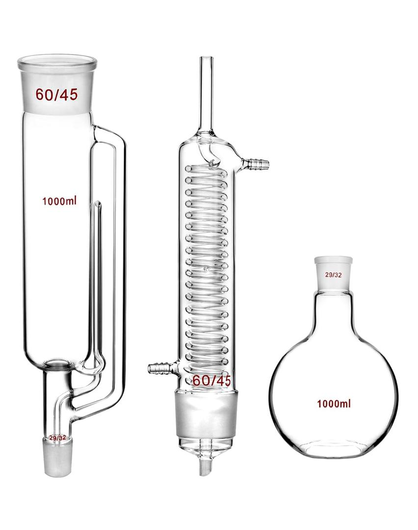 QWORK 1000ml Soxhlet Extractor Kit with High Borosilicate Glass Extraction Bottle, Extraction Tube, and Condenser, 29/32 Joint for Flask, 60/45 Joint for Condenser and Extraction Tube