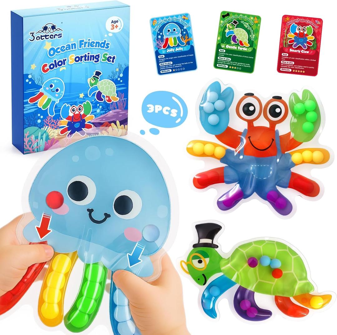 3 otters Color Sorting Sensory Toys, Sea Animals Fine Motor Matching Games Fidget Toys with 3 Game Cards for Toddlers Birthday Party Gift