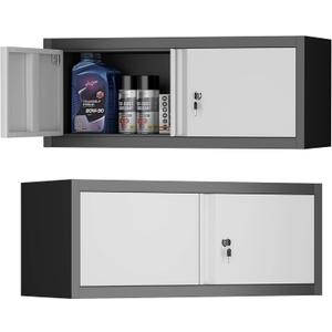 Metal Garage Storage Cabinet, Locking Cabinet Wall Mounted, 13" H Floating Cabinet for Warehouse, Upper Tool Cabinet for Home Office, Basement, Kitchen, RV Organization, 13"H-Upper Cabinet / Black+Grey