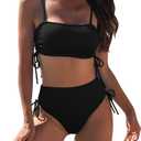 Pink Queen Women's 2 Piece High Waisted Bikini Sets Ribbed Bandeau Ruched Drawstring Swimsuit Bathing Suit (Medium, Black)