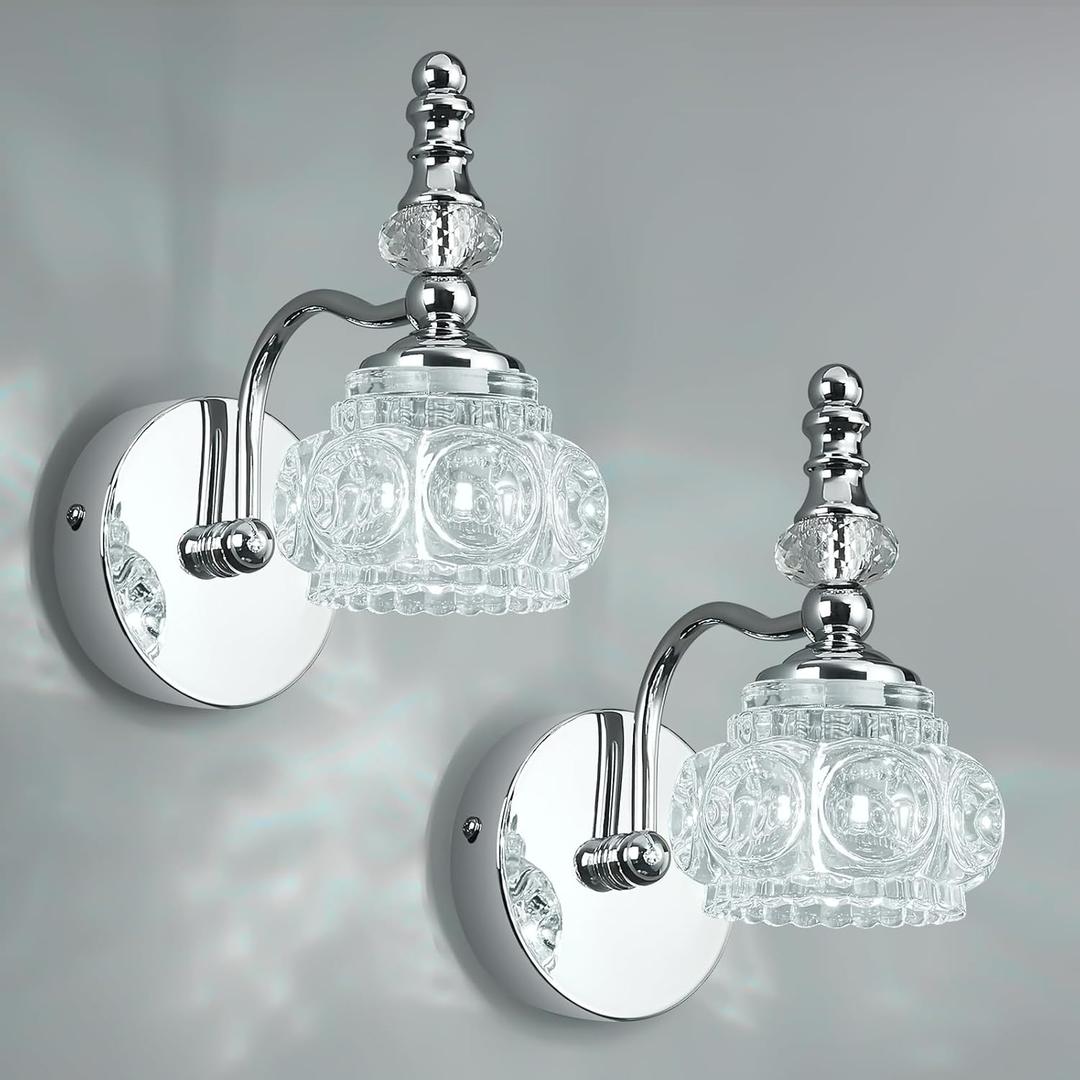 Modern Wall Sconces Set of Two Indoor Lamp Chrome Vintage Glass Light Bathroom Vanity Fixture Wall-Mounted Room Lighting (2-Pack)