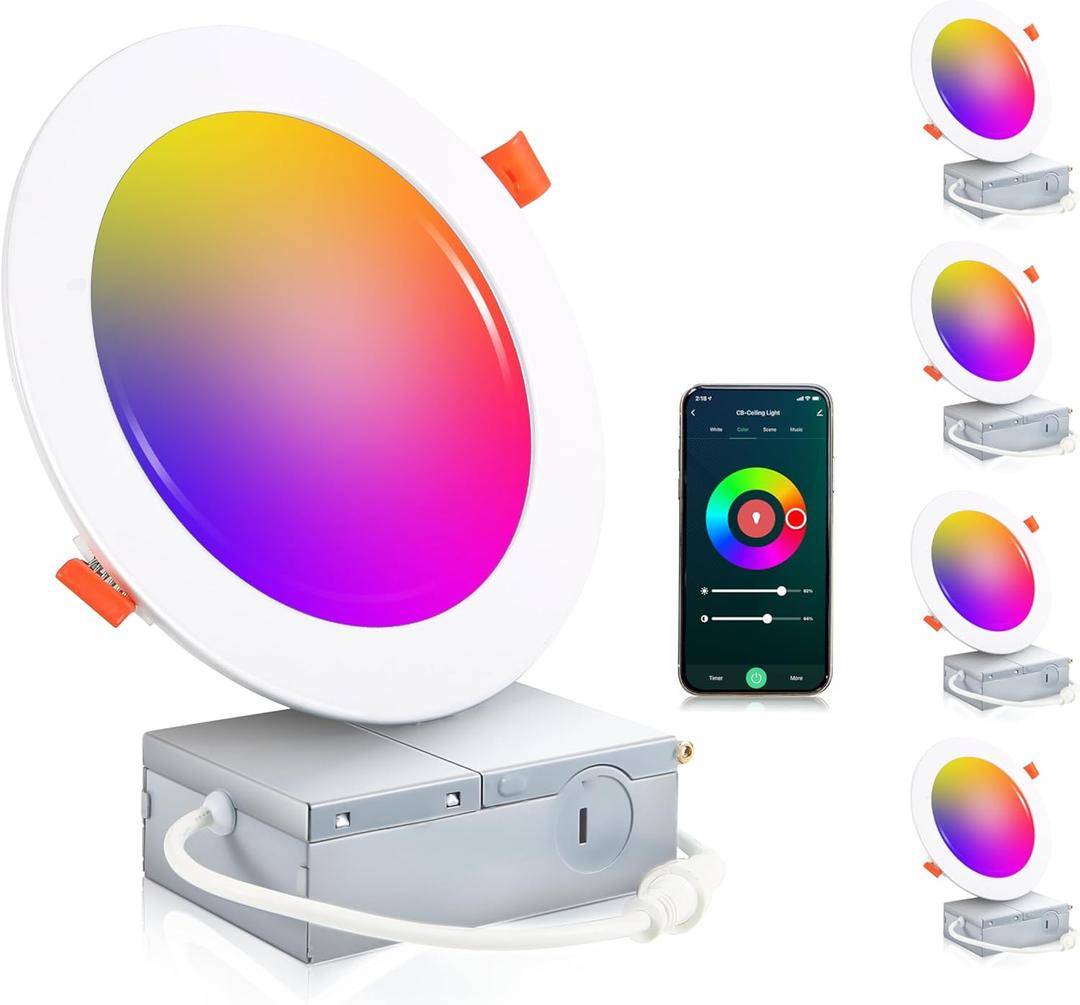 CLOUDY BAY [4 Pack 6inch Smart WiFi LED Recessed Lights,RGBCW Color Changing Recessed Lighting,Compatible with Alexa and Google Home Assistant,No Hub Required,15W 2700K-6500K,CRI90+ Wet Location (White)