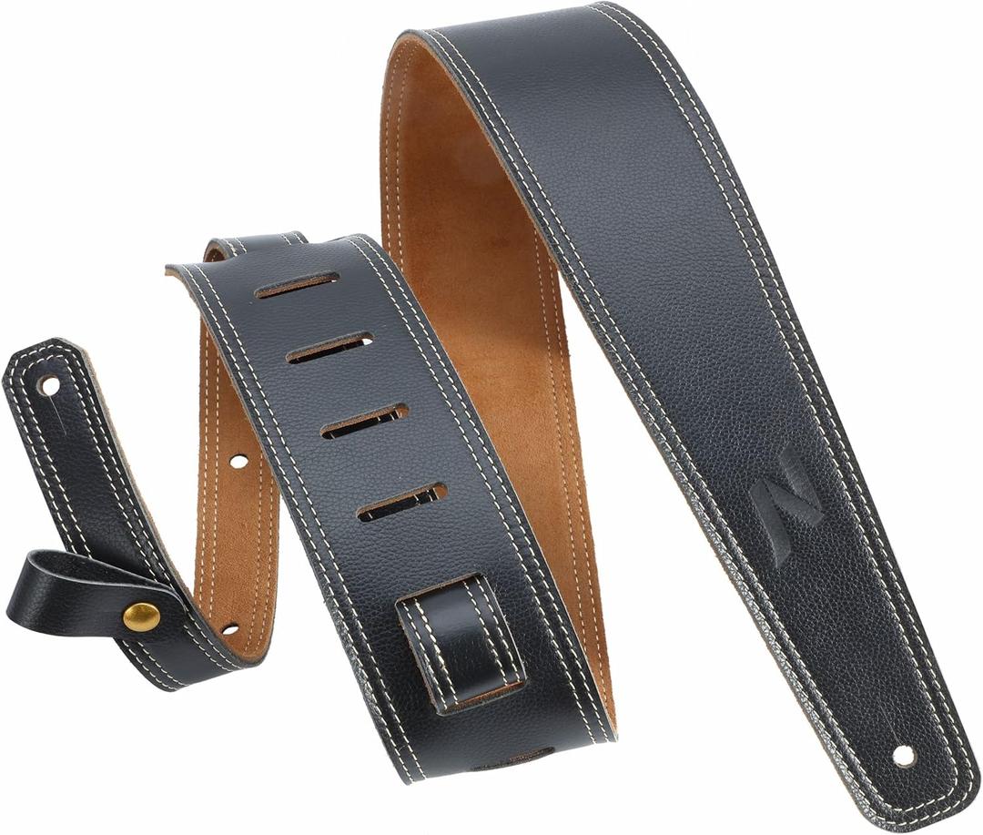 Nefelibata Guitar Strap, 2.5" Wide Black Lychee Grain Leather Guitar Straps with Foam Padding and Cable Storage Loop, for Kids, Men and Women, for Acoustic, Bass and Electric Guitars-Black