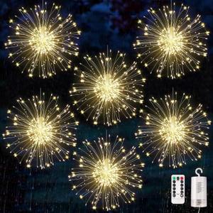 6 Pack Firework Lights - Copper Wire LED, Dimmable & Waterproof String Lights with 8 Modes & Remote Control for Indoors, Outdoors & Christmas (Warm White)
