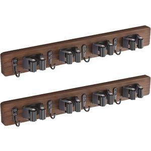 2 Pack Mop Broom Holder Wall Mount - Wood Broom Mop Hanger - Wall Mounted Garden Tool Rack Organizer for Closet Garage Laundry Room Farmhouse Rustic Kitchen Decor with 4 Slots & 4 Hooks