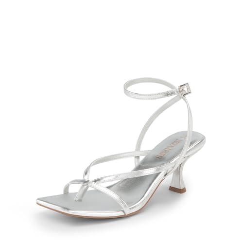 DREAM PAIRS Women's kitten Low Strappy Lace Up Heels Open Square Toe Thong Ankle Strap Heels Sexy Fashion Comfort Dress Shoes Party Sylvestra Pumps Heeled Sandals,Size 8,Silver-Pu,SDHS2405W, Size 7